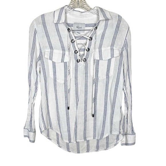 Rails Womens Matea Lace Up Stripe Linen Blend Long Sleeve Shirt Size XS White - Picture 1 of 10